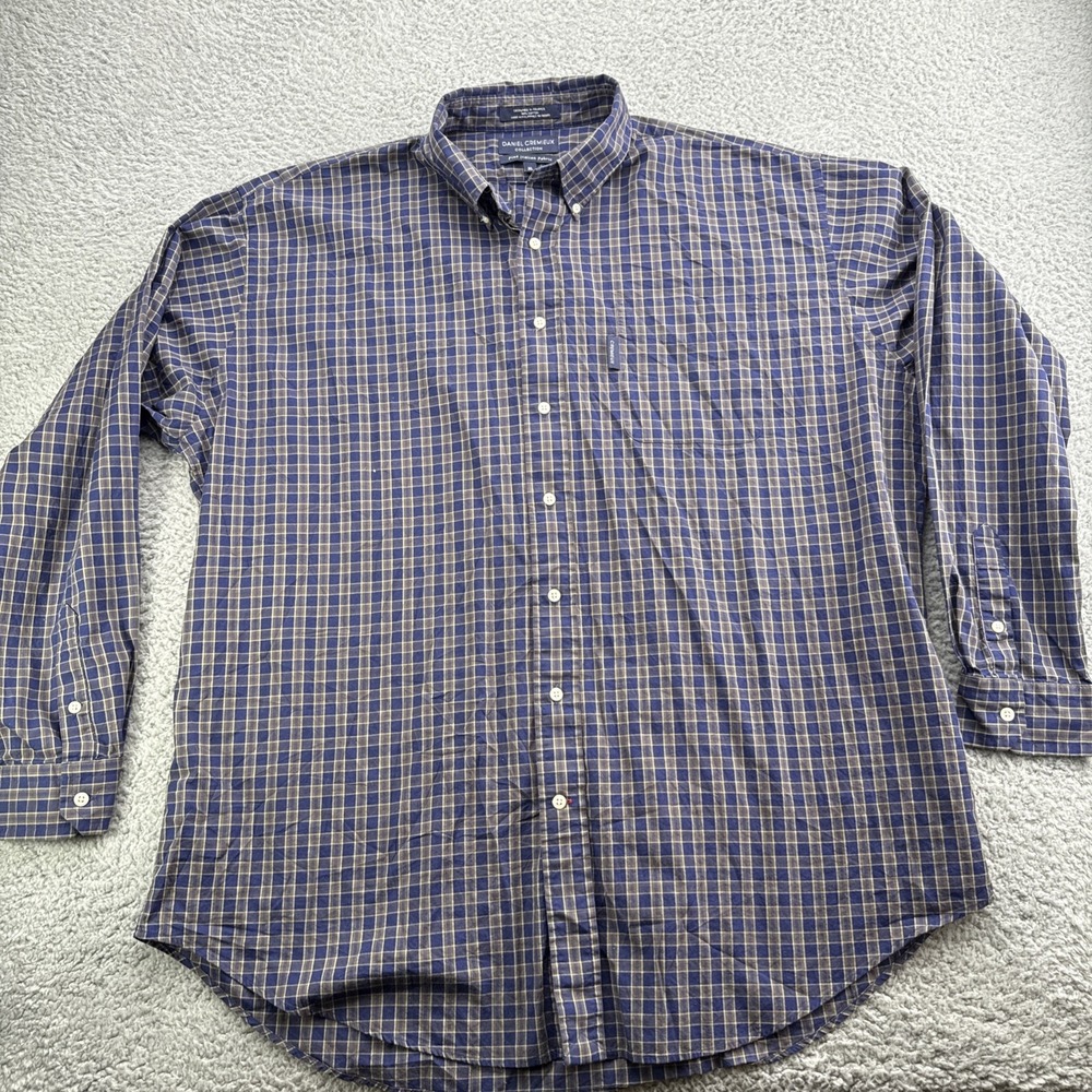 Daniel Cremieux Button-Up Shirt Mens XL Blue Check Italian Fabric Long Sleeve